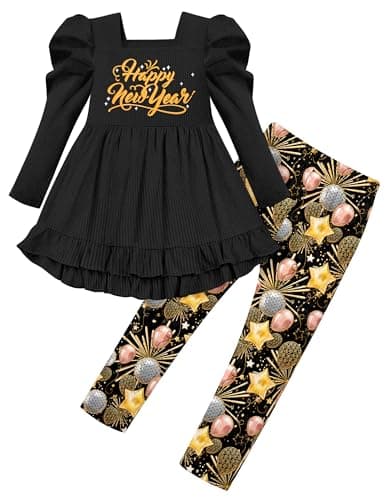 Qaoerde New Years Toddler Girl Outfit Size 6 Size 7 Letter Prin Square Neck Ruffle Hem Long Sleeve Top Pattern Leggings 2Pcs Fall Winter Kids Clothing Sets Toddler Girl New Years Eve Outfit Black