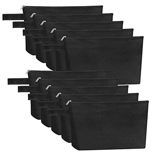 Sinzip 10 Pieces Cotton Canvas Makeup Bag with Bottom, Multi-Purpose Cosmetic Bag with Zipper Travel Toiletry Pouch, Blank DIY Craft Bag Pencil Bag (M, Black), MN-WB07