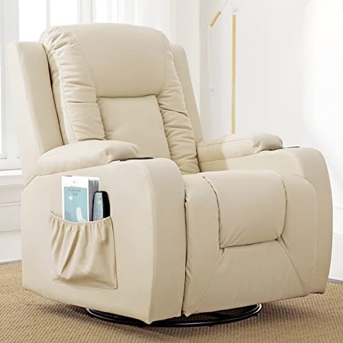 COMHOMA Recliner Chair, PU Rocking Chair for Adults, Swivel Recliner with Cup Holders, Heat and Massage, Single Sofa Seat with Side Pockets for Living Room, Bedroom (White)