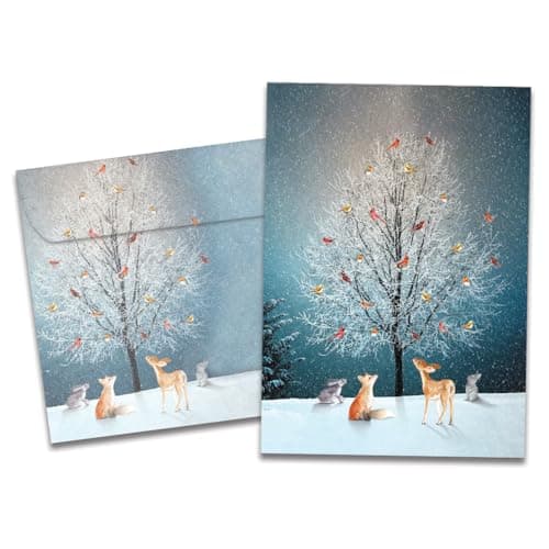 Tree-Free Greetings Bird Tree Holiday Cards - 10 Recycled 5x7 Cards & Matching Envelopes, Thick Cardstock, Made in USA - Magical Woodland Celebration