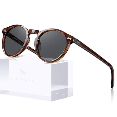 CARFIA Acetate Polarized Sunglasses for Men Retro Classic Round Shades Coffee Tortoise