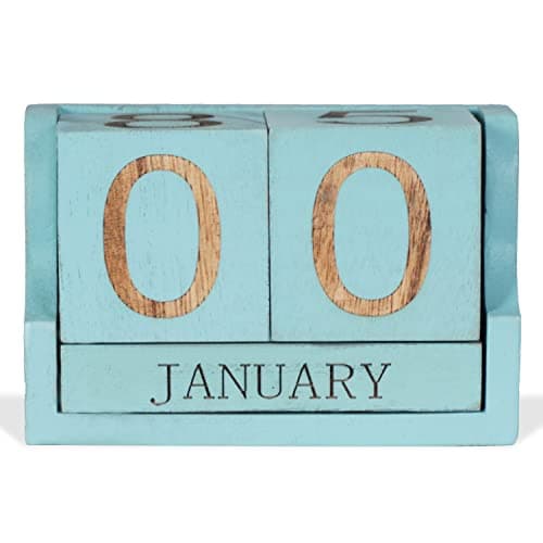Wooden Desk Calendar,Desk Calendar Blocks for Teachers,Office Perpetual Date Block Small Home Desktop Decor Chic Vintage Month with Number Cubes Display Rustic Decoration(Ocean Blue)