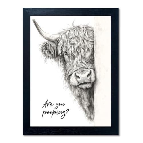 Funny Highland Cow Bathroom Wall Art - Rustic Farmhouse Wall Decor with Humorous Are You Pooping Canvas Print, Cute Animal Canvas Art for Restroom - Black Framed Cow Pictures Wall Decor Ready to Hang 8"x10"