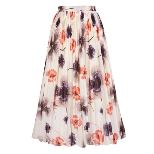 OBBUE Women's Chiffon Pleated Skirts Elastic High Waist A-line Midi Skirts for Casual Party Holiday Beige Flower XXL