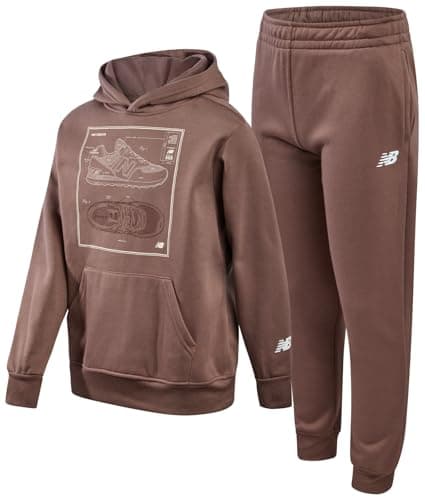 New Balance Boys Tracksuit Set - 2 Piece Classic Hoodie Sweatshirt and Boys Jogger Sweatpants with Pockets (Sizes: 8-16), Size 8, New Brown