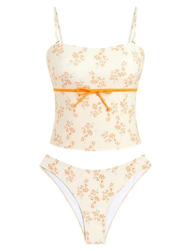 ZAFUL Tankini Swimsuits for Women Bow Tie Side Bathing Suits Tummy Control High Cut Two Piece Bikini Sets (2-Flower-Yellow, M)