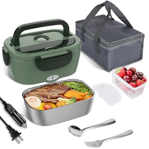 Vabaso Electric Lunch Box for Adults, 80W Heated Lunch Box Portable Food Warmer Lunch Box for Work/Men/Car/Truck with 1.5L 304 Stainless Steel Container Fork & Spoon, 110V/12V/24V