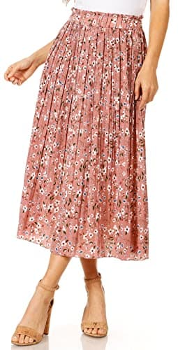 Pleated Skirts for Women with Pockets, Elastic High Waisted Midi Skirts Reg & Plus Size Womens Skirts Long Length, Boho Beach Skirt Maxi (Size Small, Pink Floral)
