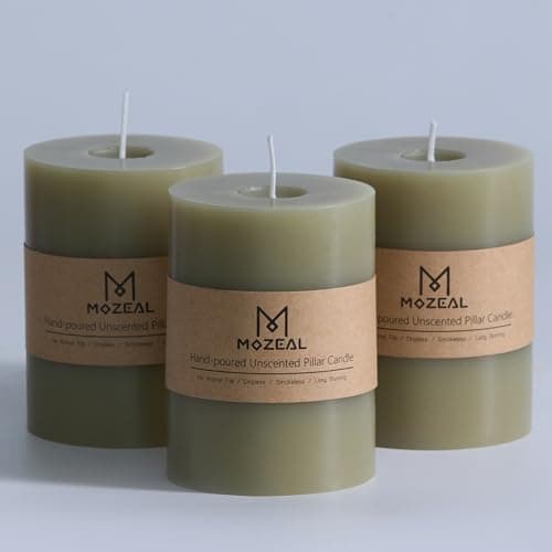MOZEAL 3" x 4" Hand-Poured Unscented Sage Green Candle, Dripless Pale Green Pillar Candle Set of 3, Long Clean Burning, Approx 72 Hours Burn Time, Rustic Country Style, Home Decor