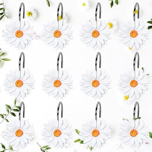 Whaline 12Pcs Boho Shower Curtain Hooks Summer White Daisy Flower Curtain Rings Floral Decorative Curtain Hanger Hooks for Living Room Bedroom Bathroom Decor