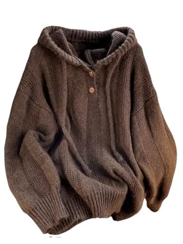 GORGLITTER Women's Knit Hoodie Long Sleeve Oversized Sweaters Baggy Drop Shoulder Vintage Chunky Hooded Pullover Brown Medium