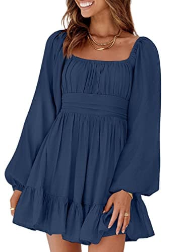 Dokotoo Women's Square Neck Off The Shoulder Dress Tie Back Long Lantern Sleeve Ruffle A-Line Mini Dress Shirred Elastic Waist Casual Dresses Dark Blue X-Small