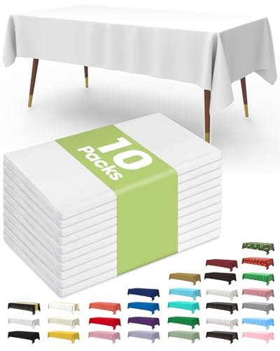 Pureegg Plastic Table Cloth Disposable 10 Pack, 54 x 108 Inch Table Cloths for Parties, Decorative Tablecloths for Rectangle Tables, White Plastic Table Cover, Leakproof & Sturdy, White