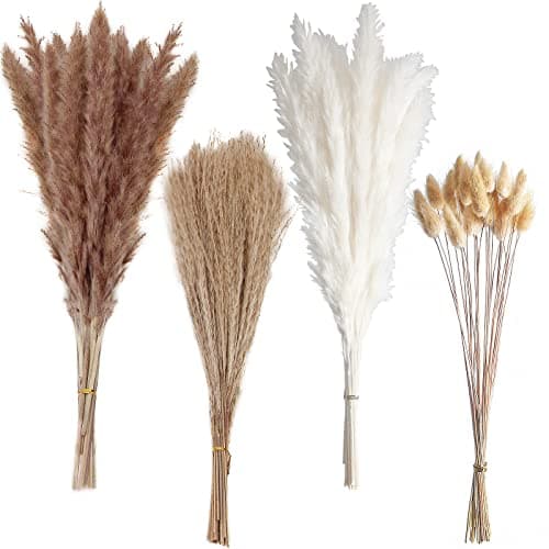 100 PCS Boho Pampas Grass, Naturally Dried Pompas, Pampas Grass Decor for Wedding , Boho Party Decorations, Table Decor（brown and white）