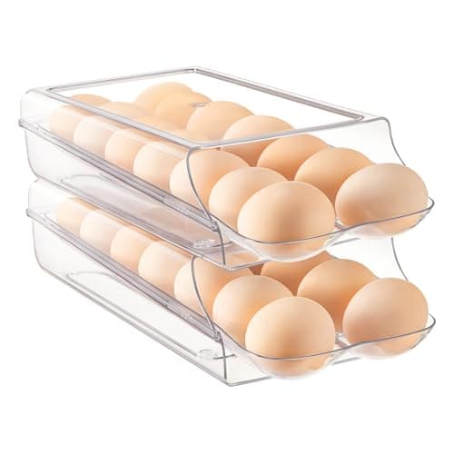 Vtopmart Clear Plastic Egg Holder for Fridge, Automatic Rolling Egg Container for Refrigerator, Stackable 14-Count Eggs Organizer with Removable Inner Tray, Fridge Organizers and Storage, 2Pack