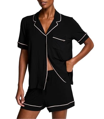 Victoria's Secret Modal Pajama Set, Short Sleeve Shirt and Pajama Short Set, Sleepwear for Women, Black W Angel Pink Piping (XS)