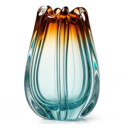 Acellegic 9.5" H Hand Blown Glass Vase for Flowers Unique Colorful Crystal Vase Wide Mouth Vases Art Glass Vases for Living Room Home Decor, Office, Table Bookshelves and Wedding Decorations