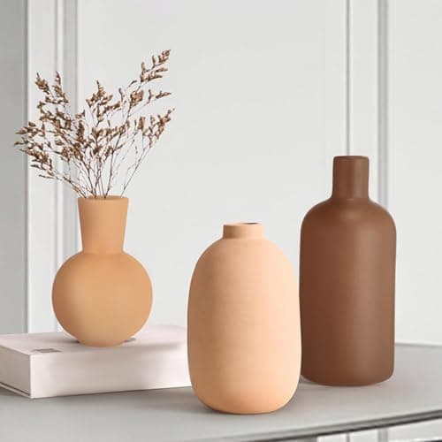 Ferrochef 3 Pcs Ceramic Vases Modern Terracotta Vase Brown for Home Decor Round Matte Boho for Table Decor Living Room Minimalist Nordic Centerpiece Decorations