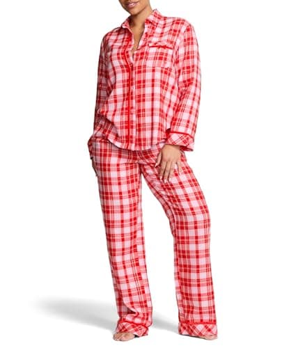 Victoria's Secret Women's PINK Flannel Pajama Set, Long Sleeve Button Down Shirt & Pants, Sleepwear for Women, Red Plaid, XS