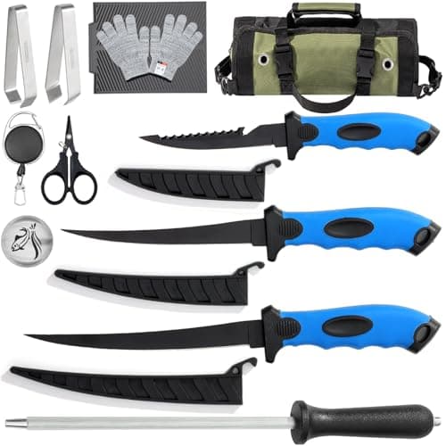 GPUSFAK 10 Pieces Fillet Set, Stainless Bait Knife With Sharpening Rod and Sheath, Professional Filleting Boning for Meat Blue