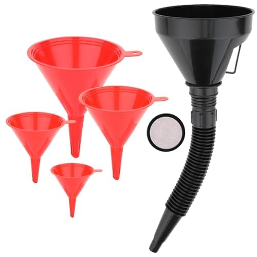 5-Piece Automotive Oil Funnel Set with Flexible Neck, Filter Screen, Wide Mouth for Gas, Oil, Coolant, Engine Oil