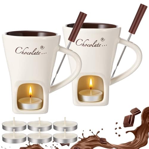 Honeydak 2 Set Chocolate Fondue Mug with Fork and Candle Sweet Ceramic Personal Chocolate Melting Cup Ideal Gifts for Birthday Date Night Birthday Wedding Gifts (White)