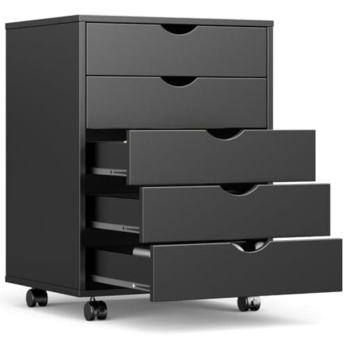 OLIXIS 5 Drawer Mobile File Cabinet Under Desk Storage Organization with Wheels Vertical Filing Chest Rolling Wood Small Desk Printer Stand for Home Office, 15.75"D x 18.74"W x 25.39"H, Black