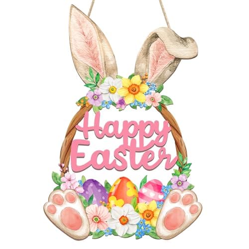 Wooden Easter Decoration Door Wreath for Front Door Sign Wall Signs Rabbit Spring Decoration, Hollow Bunny Sign Flower Egg Welcome Hanging for Home Wall Decor Party Outdoor indoor Supply Happy Easter