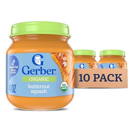 Gerber Stage 1 Baby Food, Organic Butternut Squash Jar, Baby Puree, Non-GMO, Vegetable, Puree Jars Glass, 10-pack
