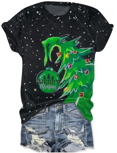 Christmas Bleached Tshirt Women Grinchmas Tree Holiday Shirt Funny Naughty Christmas Top Humor Christmas Shirts Black