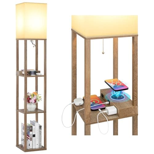 Mlambert Modern Shelf Floor Lamp with Wireless Charger & Fast Charging USB Ports & Type C Port & 2 Power Outlets,3 Tier Storage Lamp for Bedroom(Wood)