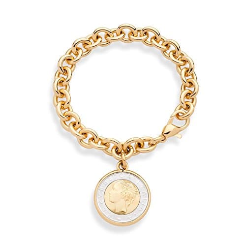 Miabella 18K Gold over Bronze Italian Genuine 500-Lira Coin Charm Rolo Link Chain Bracelet for Women Made in Italy