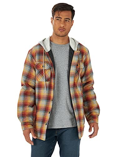 Wrangler Authentics Men's Long Sleeve Quilted Lined Flannel Shirt Jacket with Hood, Red/Yellow, 3X-Large