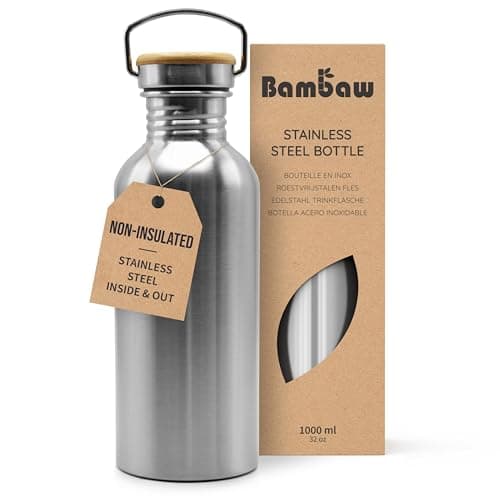 Bambaw Stainless Steel Water Bottles 32 oz, Non-insulated Single Wall Metal Water Bottle Stainless Steel, Reusable & Eco Friendly, Dishwasher Safe – Silver