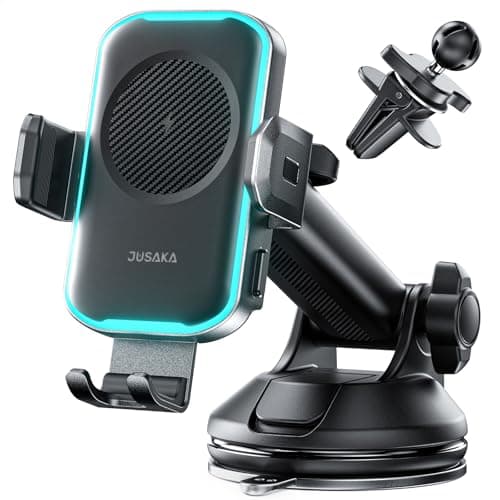 JUSAKA Wireless Car Charger,15W Fast Charging Auto Clamping Phone Holders for Your Car Compatible with iPhone 16/15/14/13, for Samsung Galaxy S24 Ultra S23 S22 S21, S20, S10+ (Black)