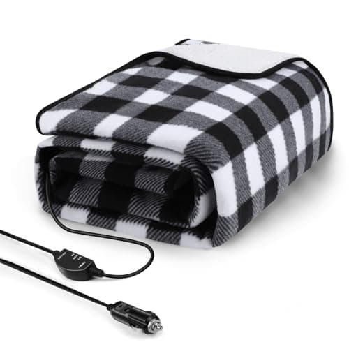 Sino Salected Heated car Blanket - 12 Volt Electric Blanket for car, Portable Heated Blanket for Car, Truck, SUV, RV & Camping, with Temperature Controller, 59" x 43"(Black-White Plaid