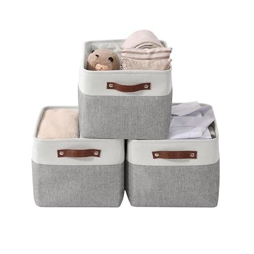 DECOMOMO Storage Bins | Fabric Storage Baskets for Shelves for Organizing Closet Shelf Nursery Toy | Decorative Large Linen Closet Organizer Bins with Handles (Grey and White, Large - 3 Pack)