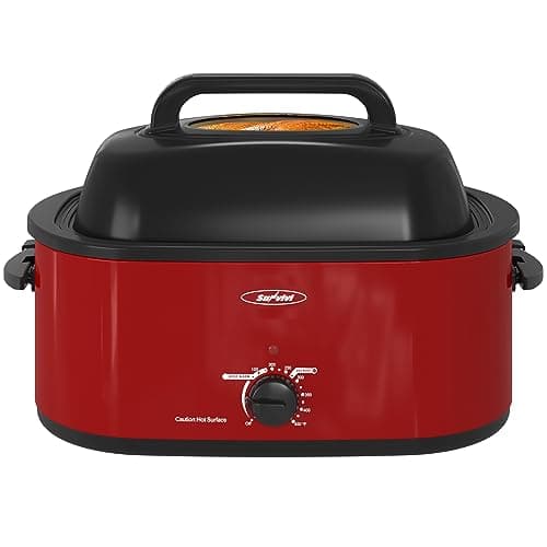 Sunvivi Roaster Oven, Electric Roaster Oven with Viewing Lid, 28lb 24-Quart Turkey Roaster with Unique Defrost/Warm Function, Large Roaster with Removable Pan & Rack, Stainless Steel, Red
