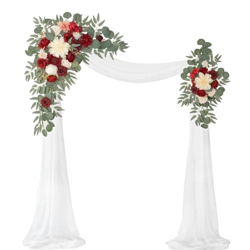 WEIERYUE Artificial Wedding Arch Flowers Kit(Pack of 3),2Pcs Artificial Flower Arch Decor,1Pcs Sheer Drape for Wedding Ceremony Arbor for WeddingCeremony (Burgundy Wedding)