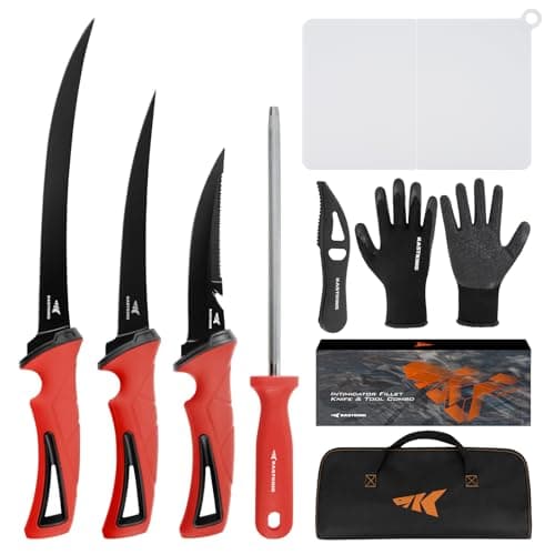 KastKing Intimidator Fillet Knife Set – G4116 German Stainless-Steel Blades, Non-Slip Handle, Includes Folding Fillet Board, Fish Scaler, Rubber-Coated Gloves, Honing Rod, and Durable Storage Bag