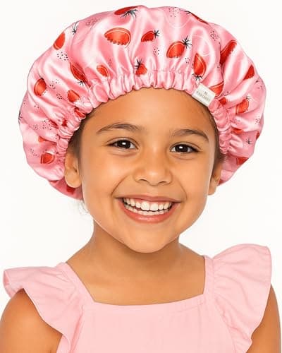 YANIBEST Baby Satin Bonnet Sleep Cap - Double Layer Reversible Adjustable Silky Satin Cap for Infant Toddler(5-12 Year,Strawberry)