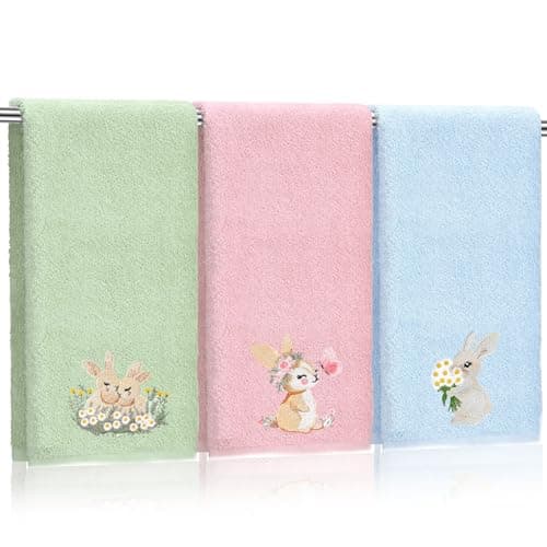 Hahafelt 3 Pcs Easter Hand Towels 100% Cotton Embroidered Bunny Decorative Floral Spring Bathroom Towels Kitchen for Bathroom Kitchen Decor, 29.13 x 13.39 Inches