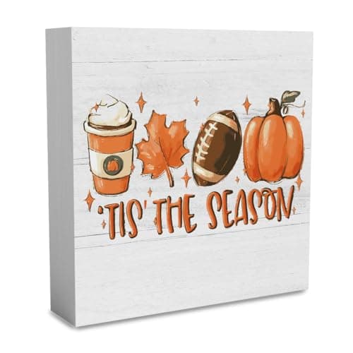WRSUNT Rustic Tis' the Season Pumpkin Wood Box Sign, Farmhouse Retro Fall Artwork Decor, Autumn Harvest Thanksgiving Wooden Square Sign Desk Block Signs Home Shelf Office Decoration 5 x 5 Inches