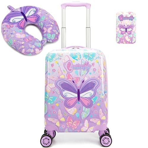 Esteemly Kid's Luggage Set 2 Piece Suitcase Set 16" Hardside Luggage with Spinner Wheels Girls Carry on Toddler Travel Rolling Suitcase with Neck Pillow Airline Approved
