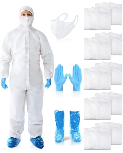 Shyyween 10 Set Hazmat Suits Disposable Protective Paint Coverall Suit with Shoe Covers Nitrile Glove Mask Wrists Ankles Hood (XL)