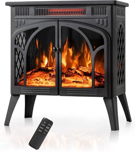 Electactic 24Inch Electric Fireplace Stove, Free-Standing Infrared Fireplace Stove, Controllable 3D Flame, 4 Variable Flame&Log Colors, 1500w, 5100BTU,TC(50℉-99℉),Black,23.5" L X 10.7" W X 24.3" H