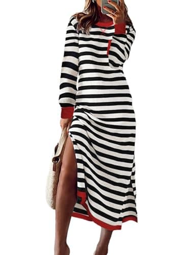 Dokotoo Womens Summer Casual Dresses 2024 Striped Color Block Long Sleeve Crewneck Side Splits Loose Long Maxi Dress Cute Fall T Shirt Dress Sundress Travel Vacation Outfits Black Large