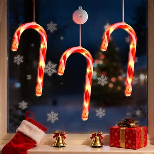 LYUBASA 3 Pack Christmas Window Lights Decorations with Timer,Battery Powered Red Lighted Candy Cane LED Sucker for Xmas 2026 Hanging Fireplace Window Indoor Decor