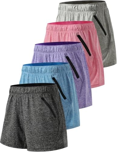 5 Pack: Womens Workout Gym Shorts Casual Lounge Set, Ladies Active Athletic Apparel with Zipper Pockets (Set 1, Large)