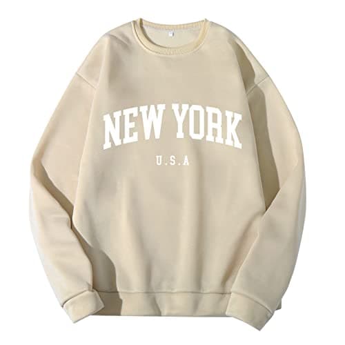 Oversized New York Sweatshirt for Men Crewneck College Sweatshirts Pullover Casual Sweat Shirt Loose Fit Fall Tops 2023 Beige Large